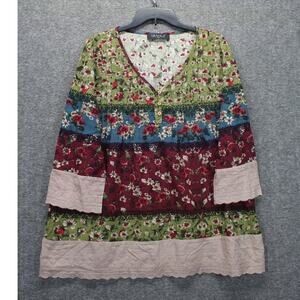 Gracila Womens Floral Top 2XL Colorful Pleated Contrast Trim Cottagecore Boho